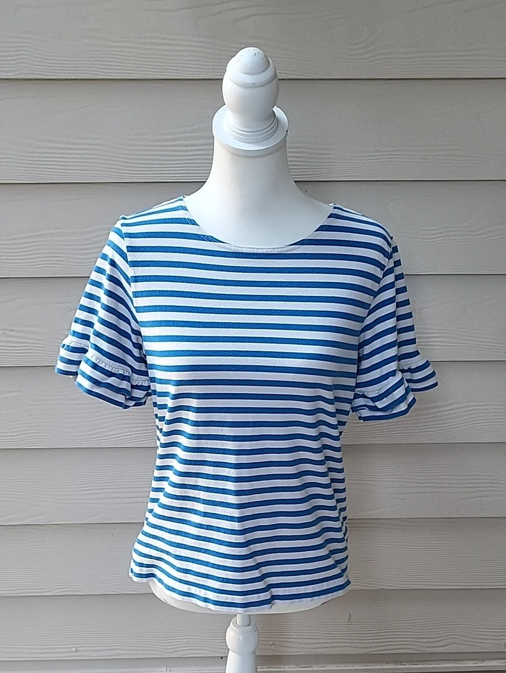 J.Crew Blue White Striped Ruffle Sleeve Top Women's Medium